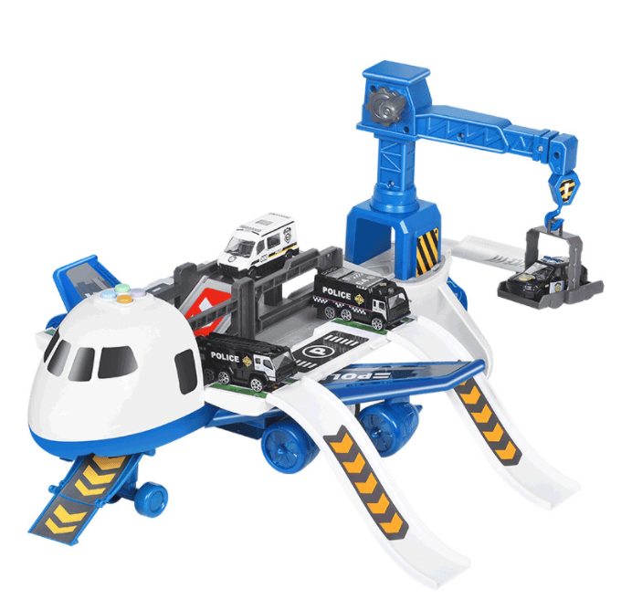 Kids Airplane Parking Lot Toys Track Car Toys for 3 4 5 6 7 Boys Girls, Music and Sound Transport Plane with 4 Alloy Pull Back Police Cars, Toy Tower Crane, Birthday Gift for Toddler Age 2-6
