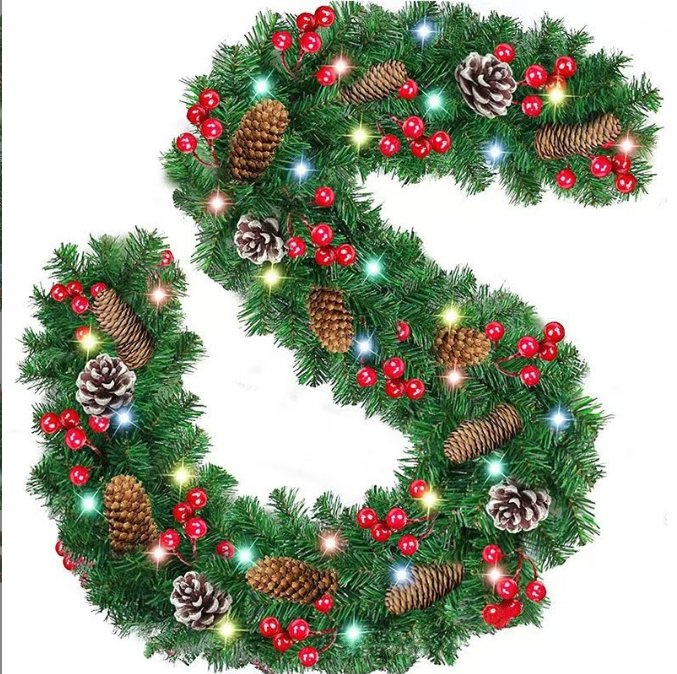 Christmas Garland, 9FT Prelit Christmas Garland with 50 LED Lights, Greenery Xmas Garland with 20 Pine Cones 90 Red Berry Christmas Decoration for Indoor Outdoor Home Mantel