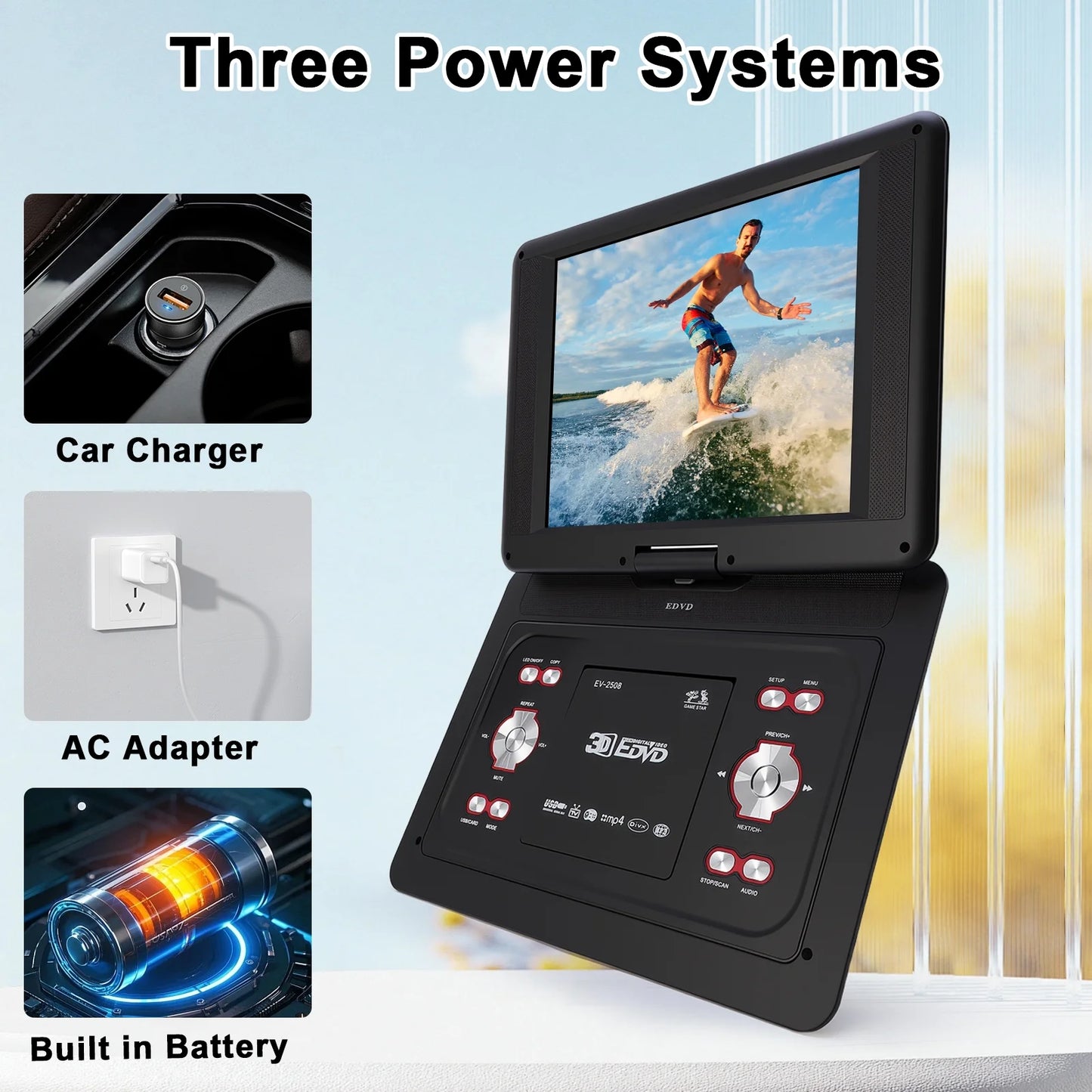 25.8" Portable DVD Player with 14.1" HD Screen for Car, Built-in Rechargeable Battery, Dual Speakers, Support USB/SD Card/Sync TV and Multiple Disc Formats, Remote Control, with Car/AC Adapter, Black
