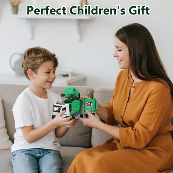 Garbage Truck Toys Set Includes Dumpster, 4 Trash Bins and Learning Cards for Kids, Large Friction Powered Trash Truck Toy with Light and Sounds, Boy Toys Birthday Gift for Boys Girls Toddler