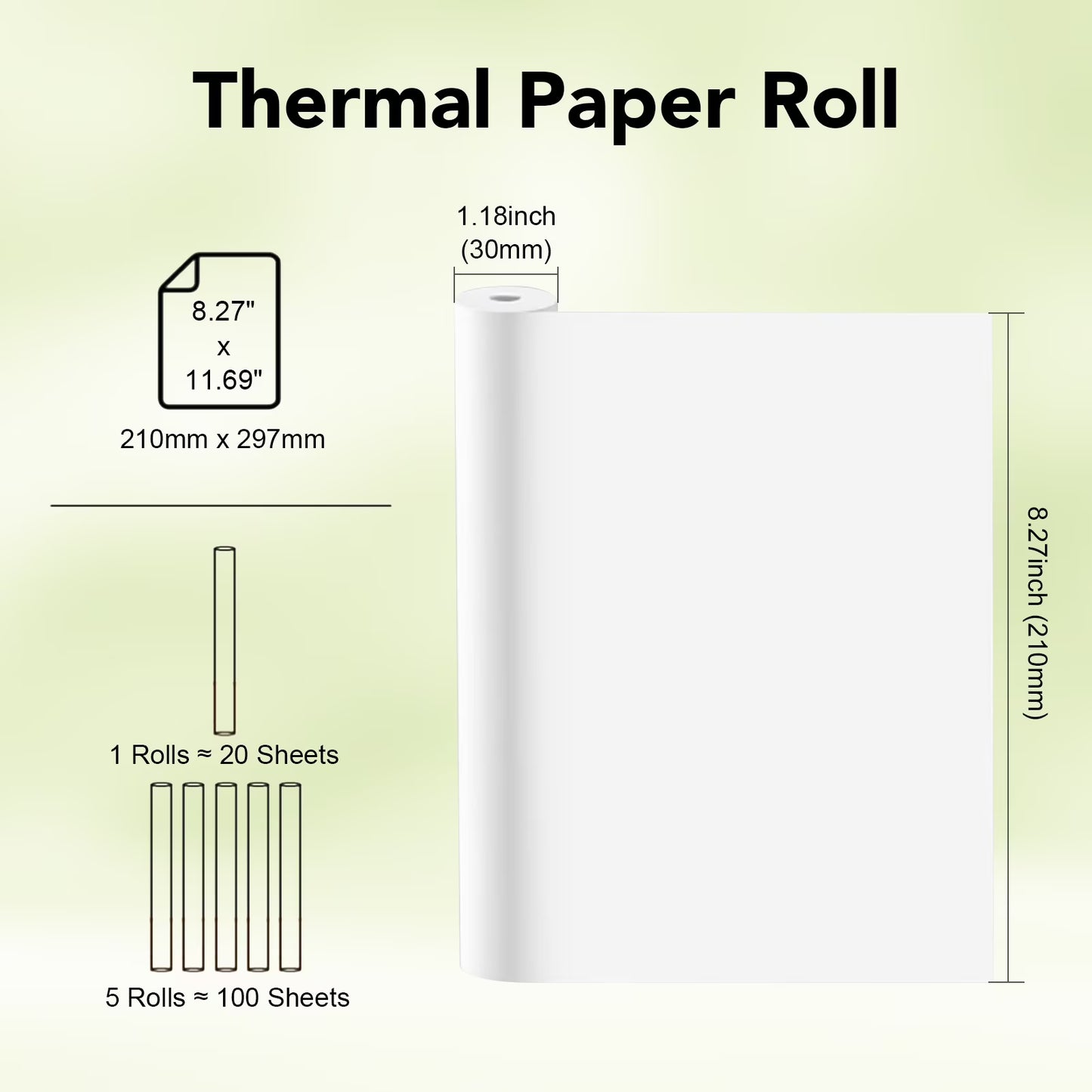 5 Rolls Thermal Paper (210mm/8.27" width/6m long, Φ1.18") Widely Compatible with Portable Thermal Printers, Quick-Dry A4 Thermal Printer Paper for Documents Picture Homework, 20 Sheets/Roll