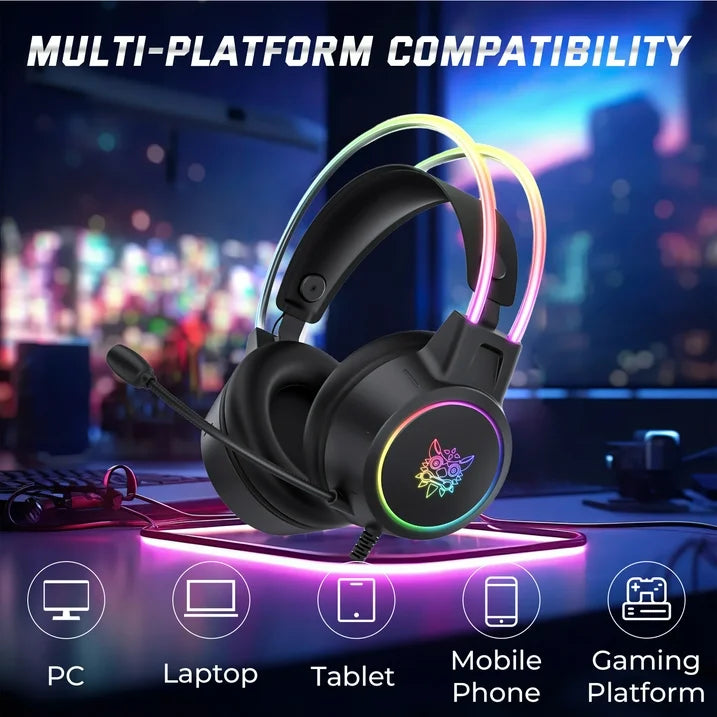 Gaming Headset with Microphone, RGB Rainbow Gaming Headphones for PC PS4 PS5 Laptop, Wired 3.5mm Audio Over Ear Headphone for Adults, Stereo Surround Sound, Noise Canceling Mic, Black