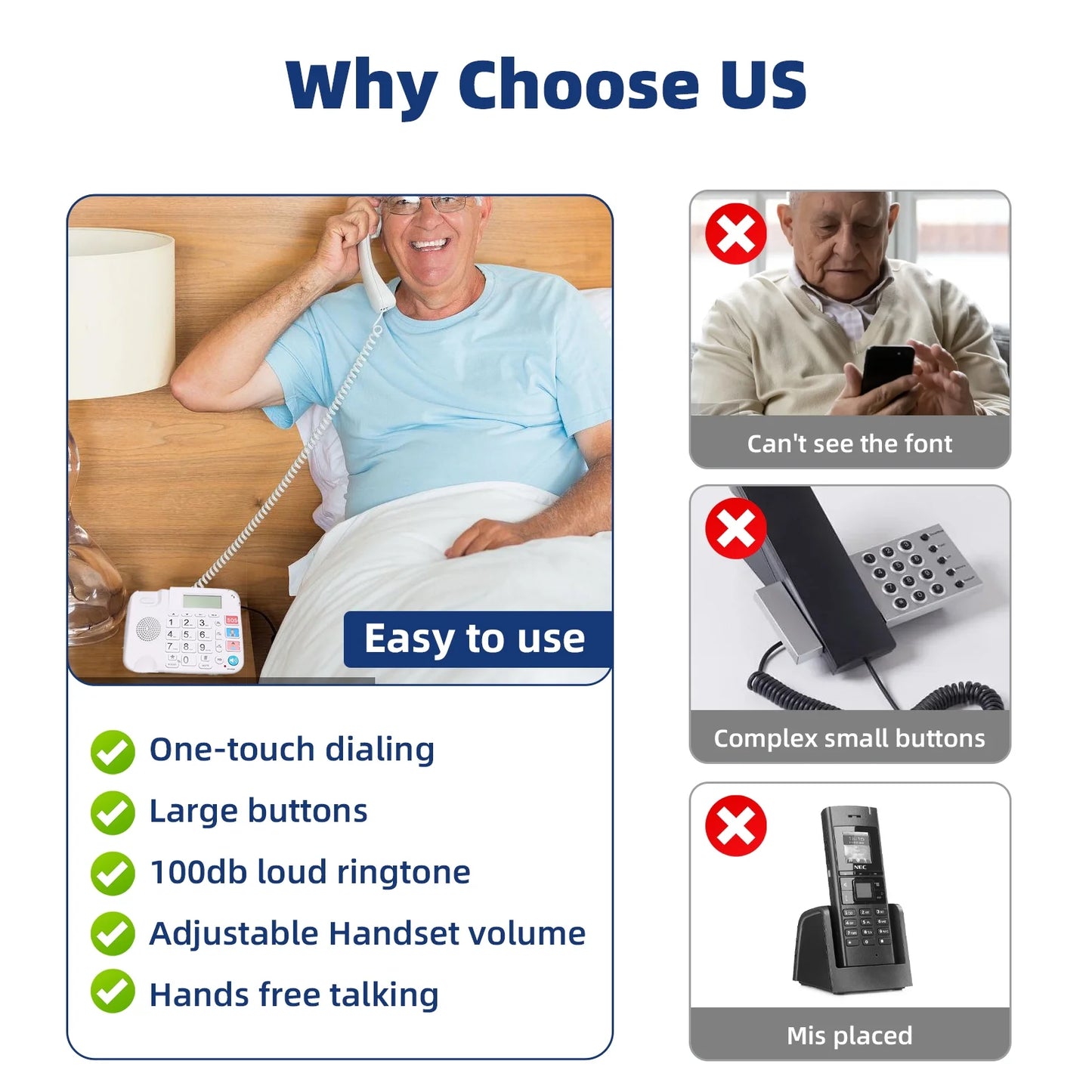 Large Key Wired Telephone, Dual Interface Wired Landline Phones with Caller ID/Hands-Free for Office, Big Button Corded Phones for Seniors, 3 Group One-Touch Dialing, Adjustable Volume & Ringing