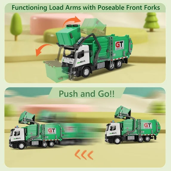 Garbage Truck Toys Set Includes Dumpster, 4 Trash Bins and Learning Cards for Kids, Large Friction Powered Trash Truck Toy with Light and Sounds, Boy Toys Birthday Gift for Boys Girls Toddler