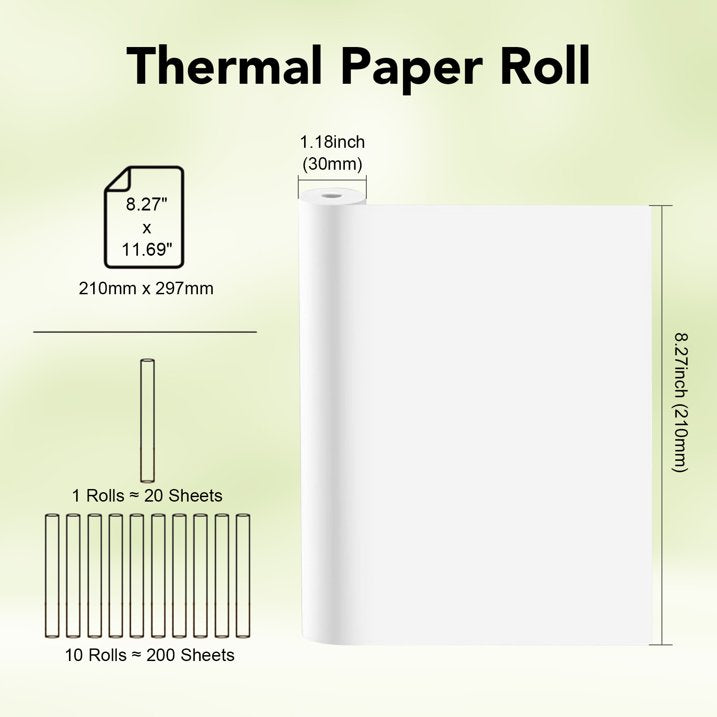 10 Rolls Thermal Paper (210mm/8.27" width/6m long, Φ1.18") Widely Compatible with Portable Thermal Printers, Quick-Dry A4 Thermal Printer Paper for Documents Picture Homework, 20 Sheets/Roll
