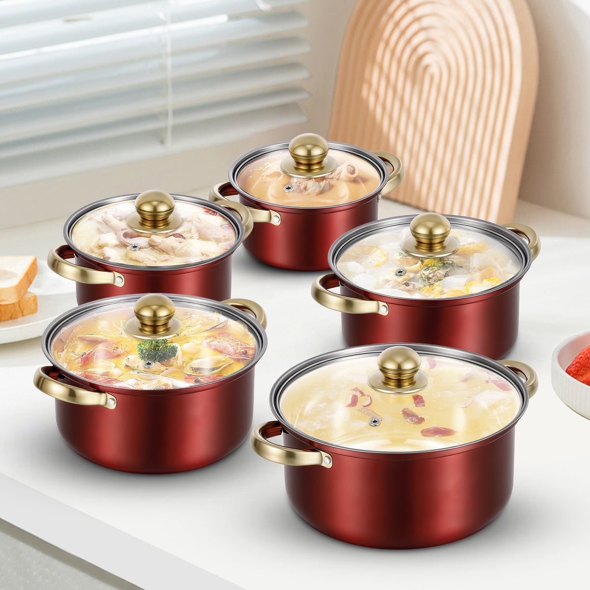 Stainless Steel Pots Sets 10-Piece, Kitchen Cookware Set Saucepan with Glass Lid Stockpot Soup Pot with 2 Ear Handle For Cooking Dishwasher, Red