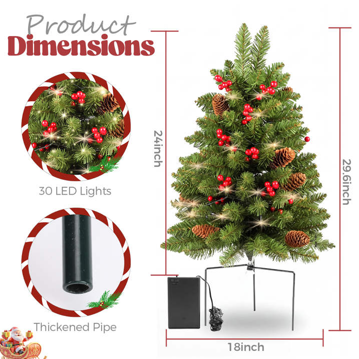 2 Pack 30 inch Prelit Outdoor Christmas Tree, Small Pre-Decorated Green Xmas Tree with Cones & Red Berries, 30 Warm Lights, Urn Filler Holiday Decor for Entrance Driveway, Yard, Garden