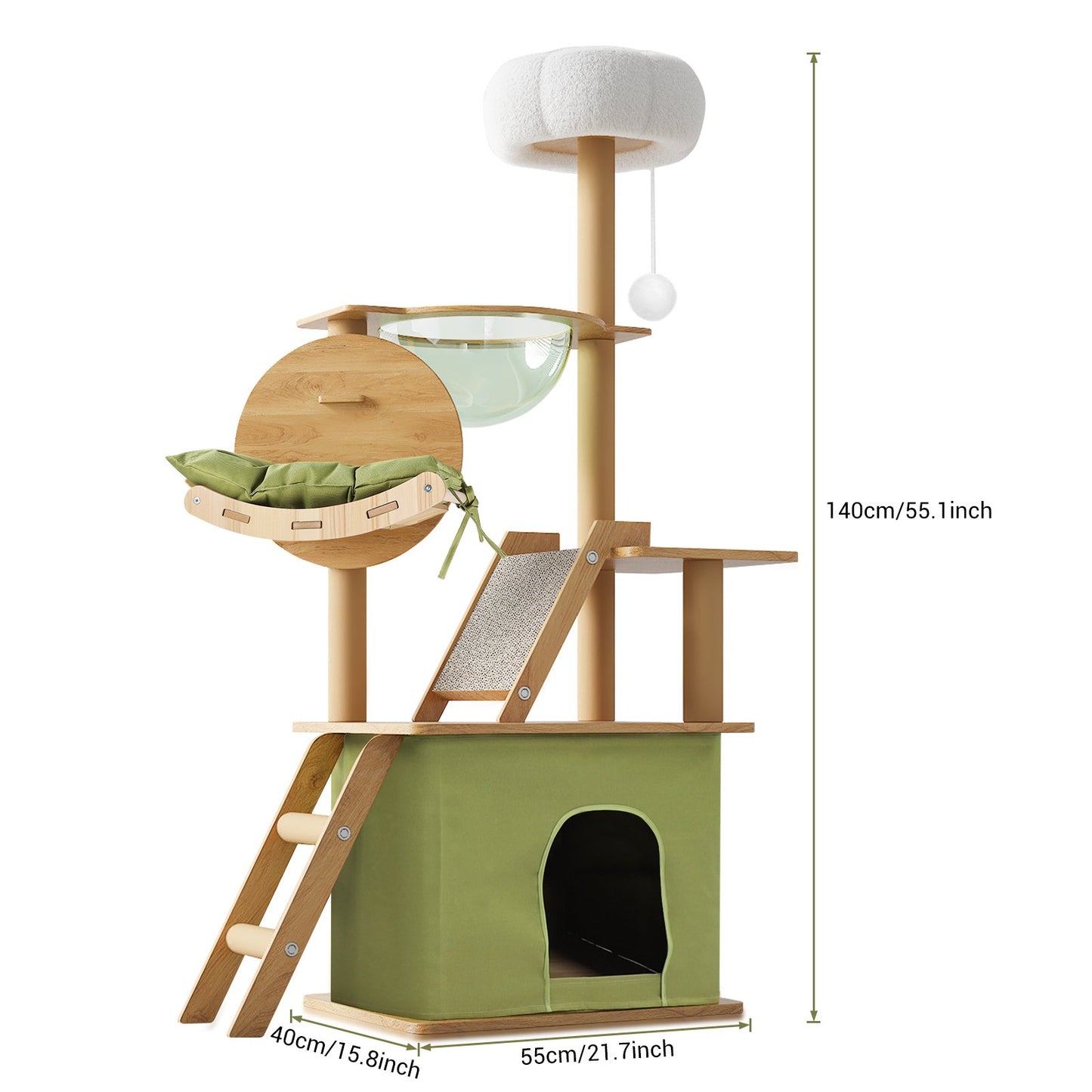 Cat Tree for Large Cats 55"Tall Cat Tower Condo with Scratching Post for Indoor Cats,Green