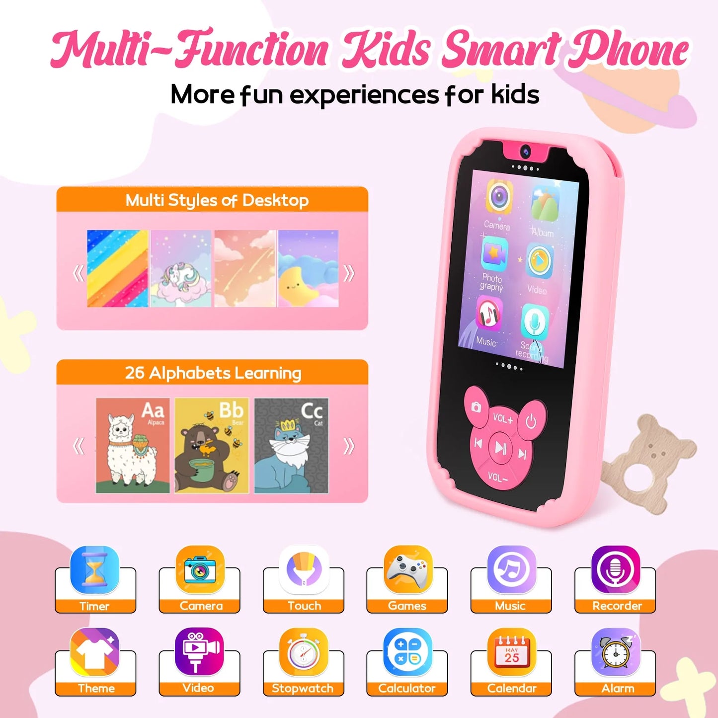 Kids Smart Phone Toys for Girls Ages 3-7 with Dual Camera, 2.8" Touchscreen Toddler Phone with Learning Games, Video Player Travel Toys with MP3 Music Player for Christmas Birthday Gifts, Pink