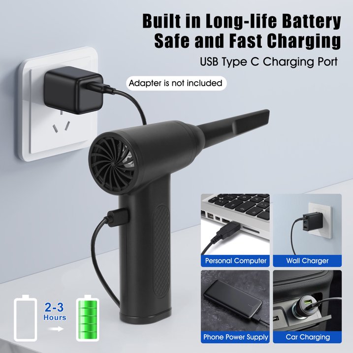 Compressed Air Duster 110000RPM 3 Gear Adjustable Multi-use Electric Duster with LED Light Portable Cordless Air Blower for PC Keyboard Cleaning Car Dusters No Canned Cleaner for Home Office, Black