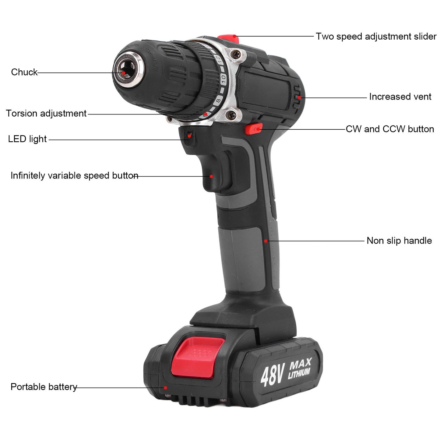 48V Cordless Drill,Electric Power Drill Set with 2 Batteries, 2 Variable Speed and Built-in LED
