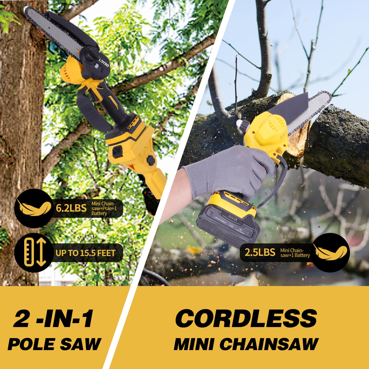 2-in-1 Brushless Cordless Pole Saw,6in + 4in Mini Chainsaw & Pole Saw with 2pcs 2.0A Batteries, 15.5ft Max Reach Brach Tree Saw Telescoping Extension Rod for Wood Tree Trimming Wood Cutting,Yellow