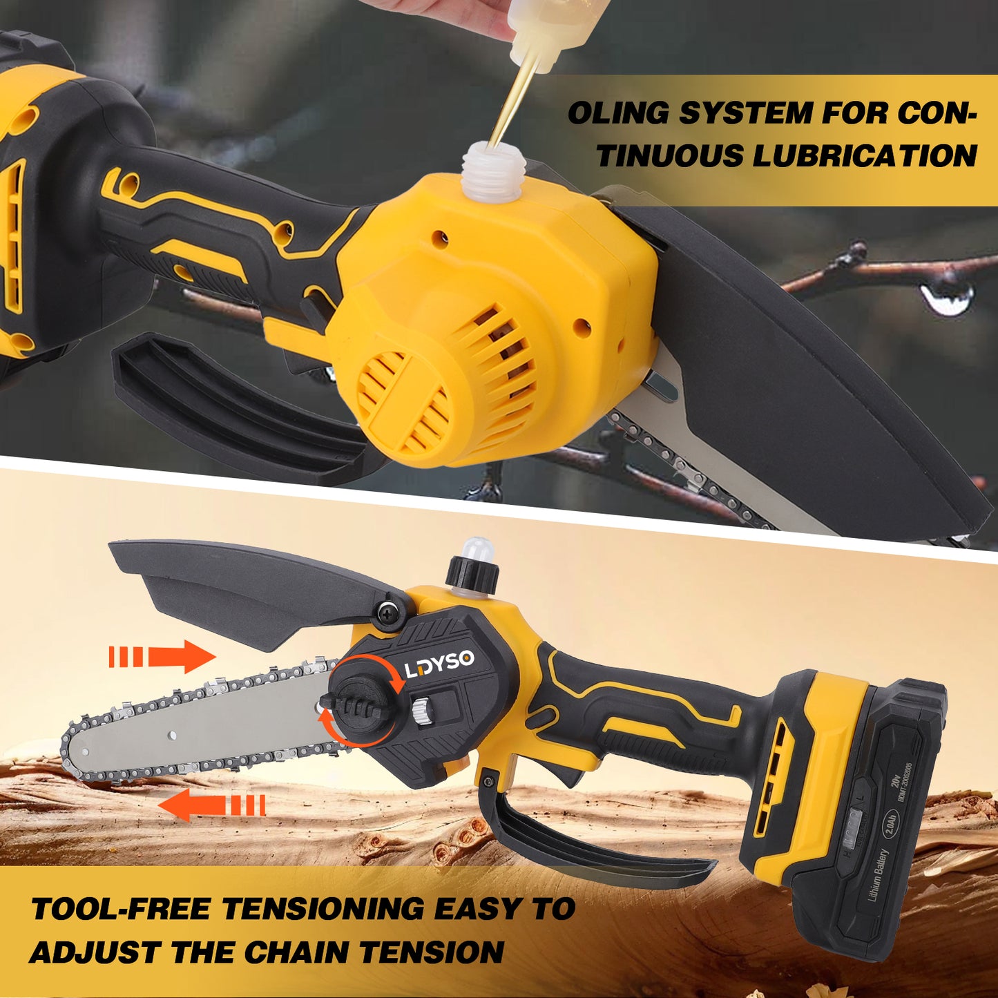 2-in-1 Brushless Cordless Pole Saw,6in + 4in Mini Chainsaw & Pole Saw with 2pcs 2.0A Batteries, 15.5ft Max Reach Brach Tree Saw Telescoping Extension Rod for Wood Tree Trimming Wood Cutting,Yellow