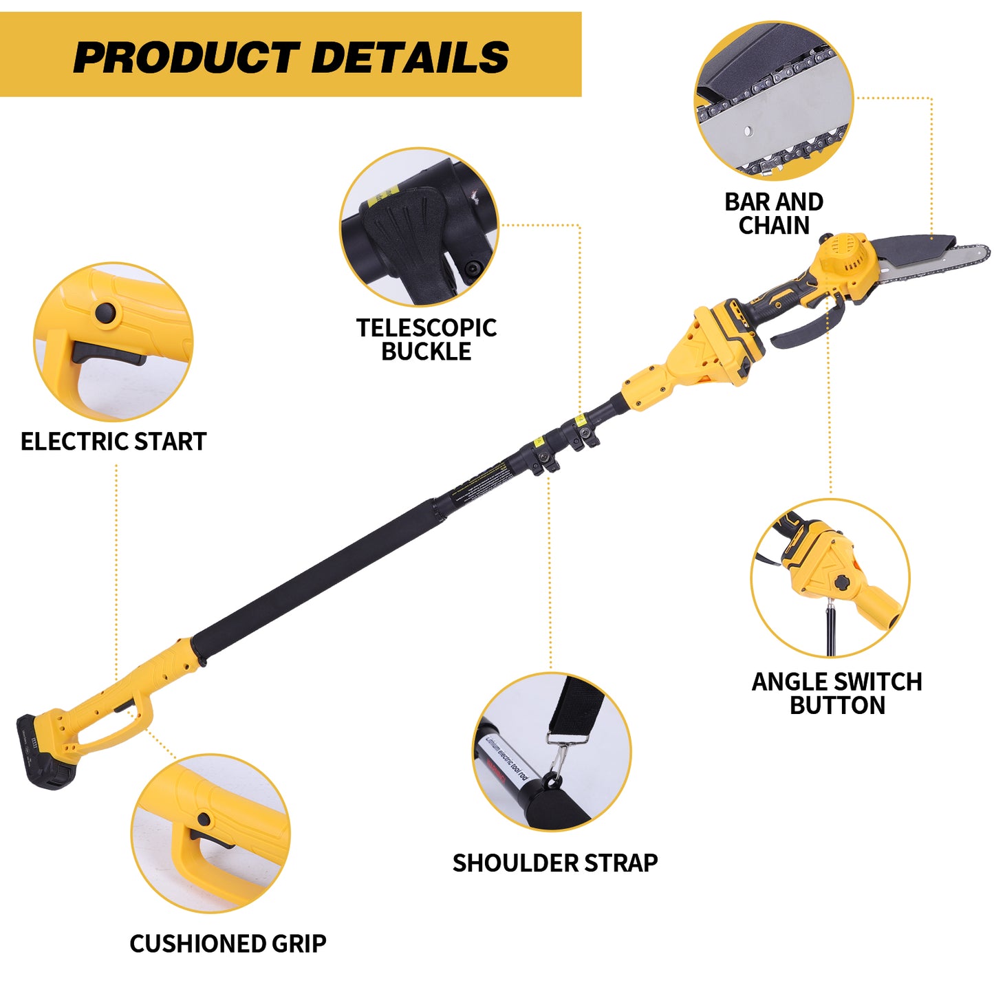 2-in-1 Brushless Cordless Pole Saw,6in + 4in Mini Chainsaw & Pole Saw with 2pcs 2.0A Batteries, 15.5ft Max Reach Brach Tree Saw Telescoping Extension Rod for Wood Tree Trimming Wood Cutting,Yellow