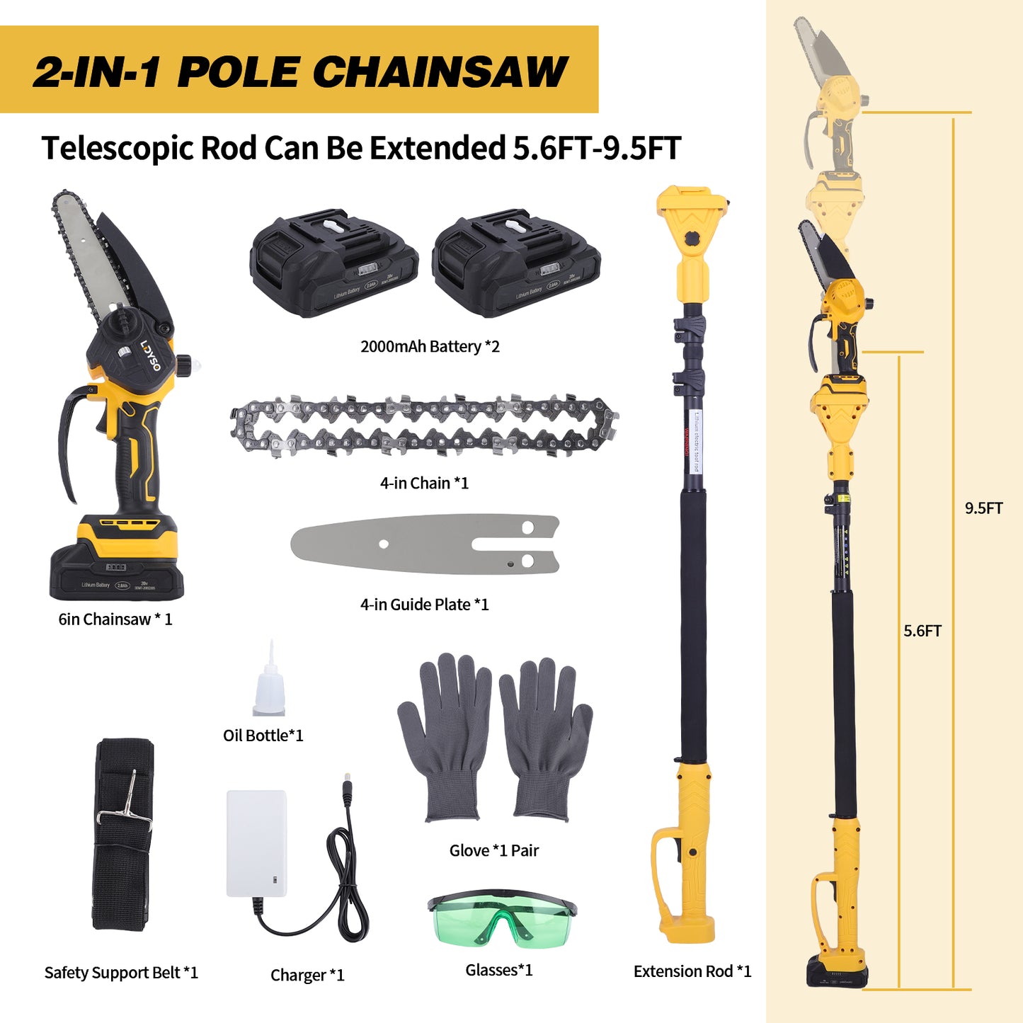 2-in-1 Brushless Cordless Pole Saw,6in + 4in Mini Chainsaw & Pole Saw with 2pcs 2.0A Batteries, 15.5ft Max Reach Brach Tree Saw Telescoping Extension Rod for Wood Tree Trimming Wood Cutting,Yellow
