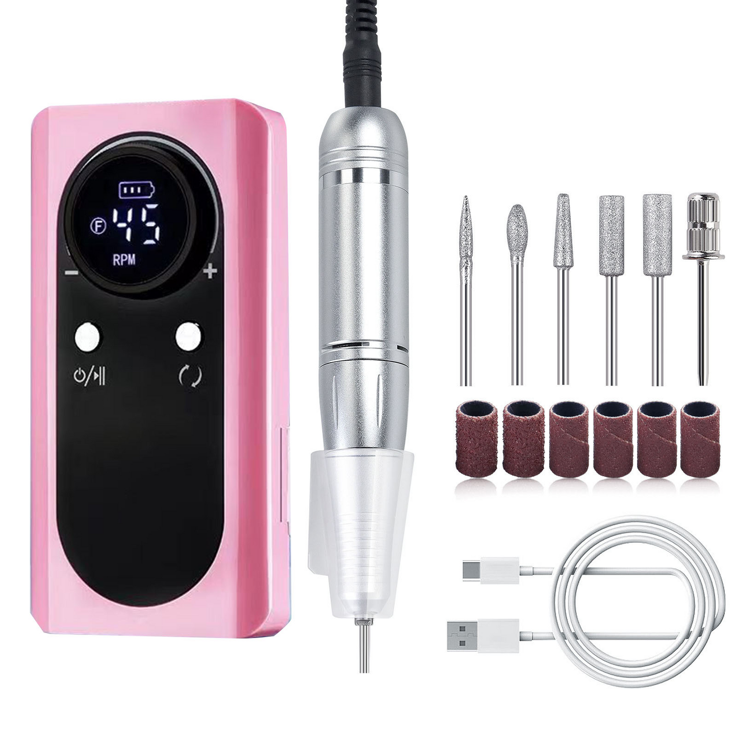 Electric Nail Drill, Cordless Portable Electric Nail File Set with 6 Bits, 45000RPM Professional Rechargeable Forward & Reverse Nail Drill Kit with Display, for Acrylic Nails/DIY Manicure & Pedicure