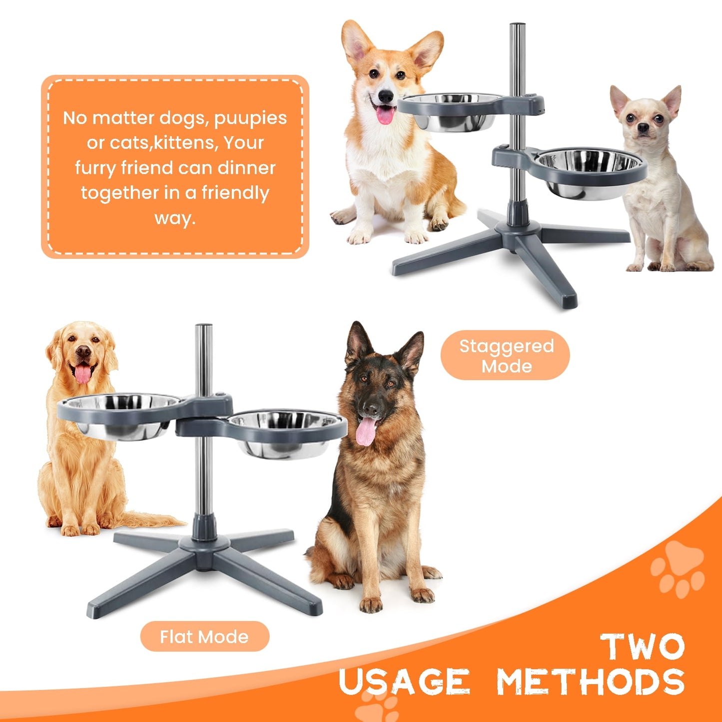 Mgaxyff Elevated Dog Bowls, Raised Dog Feeder Stand with 2 Stainless Steel Pet Food Bowls, Adjustable Height for Dogs and Cats, S