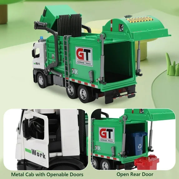 Garbage Truck Toys Set Includes Dumpster, 4 Trash Bins and Learning Cards for Kids, Large Friction Powered Trash Truck Toy with Light and Sounds, Boy Toys Birthday Gift for Boys Girls Toddler