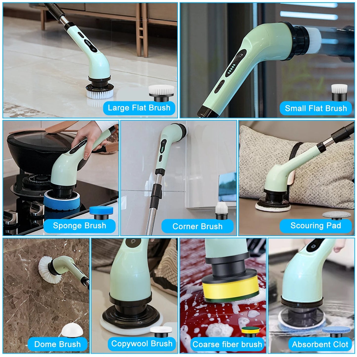Electric Spin Scrubber, Cordless Power Scrubber with Extension Handle & 9 Replaceable Head for Bathroom & Tub & Tile Floor