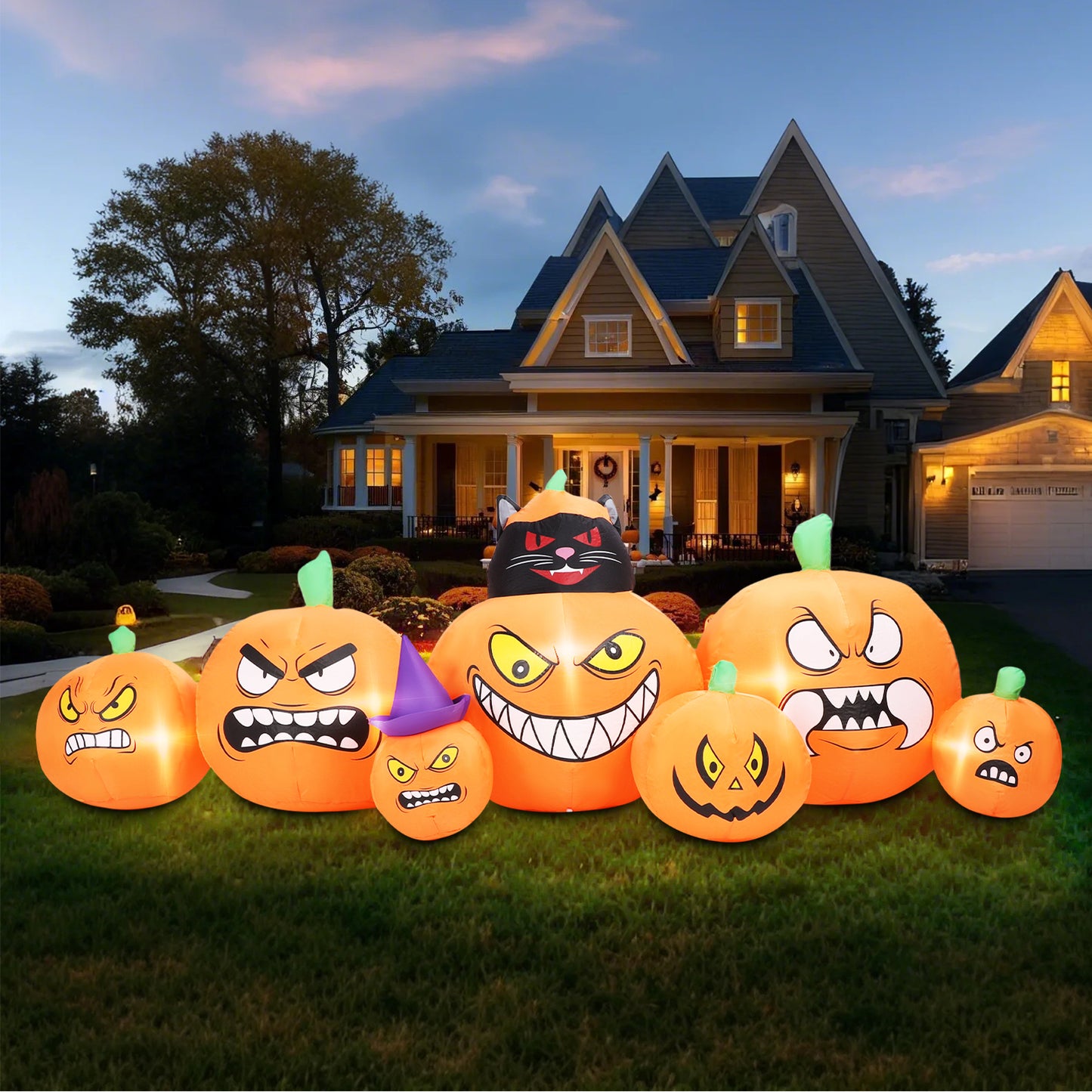 Inflatable Decoration 7 FT Long Inflatable 7 Pumpkins Patch Lanterns with Black Cat w/ Build-in LEDs Blow Up Inflatables for Thanksgiving Party Outdoor Garden Lawn Yard