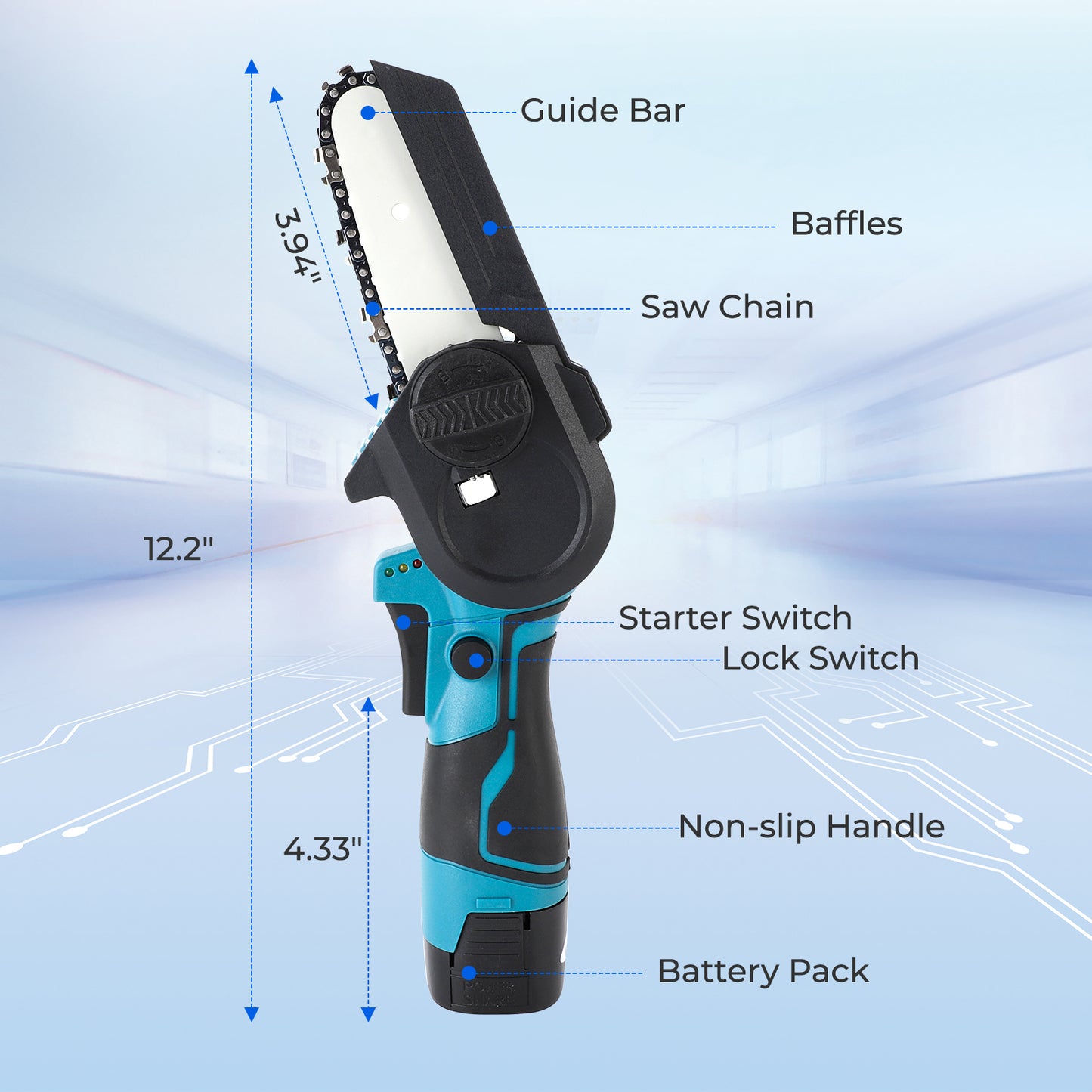 Mini Chainsaw 4-Inch Cordless Electric Portable Chainsaw With Safety Lock, One-Hand Lightweight, Pruning Shears Chainsaw For Tree Branch Wood Cutting (Chainsaw+ 2 X 2.0Ah Batteries+ 2 X Chains)