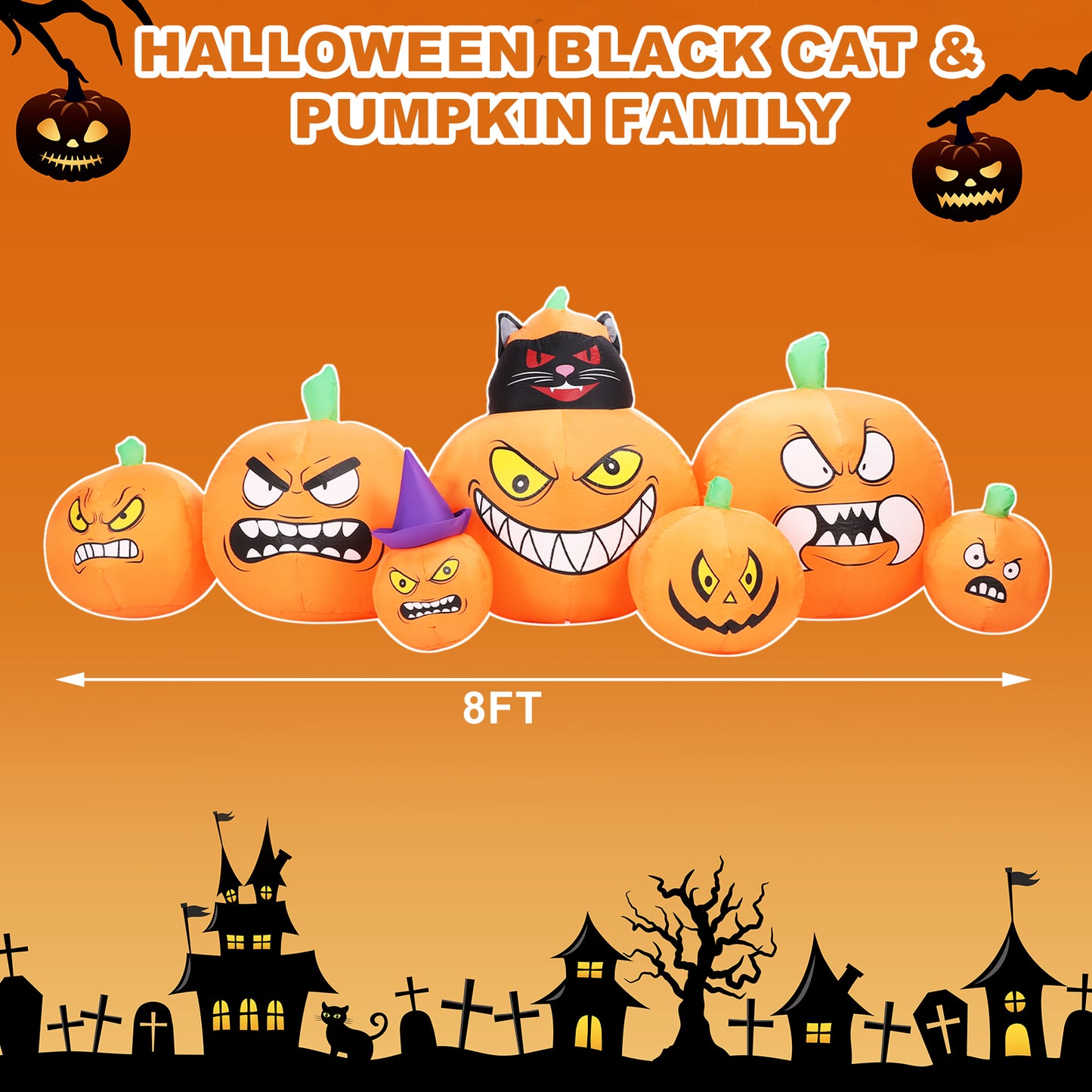 Inflatable Decoration 7 FT Long Inflatable 7 Pumpkins Patch Lanterns with Black Cat w/ Build-in LEDs Blow Up Inflatables for Thanksgiving Party Outdoor Garden Lawn Yard