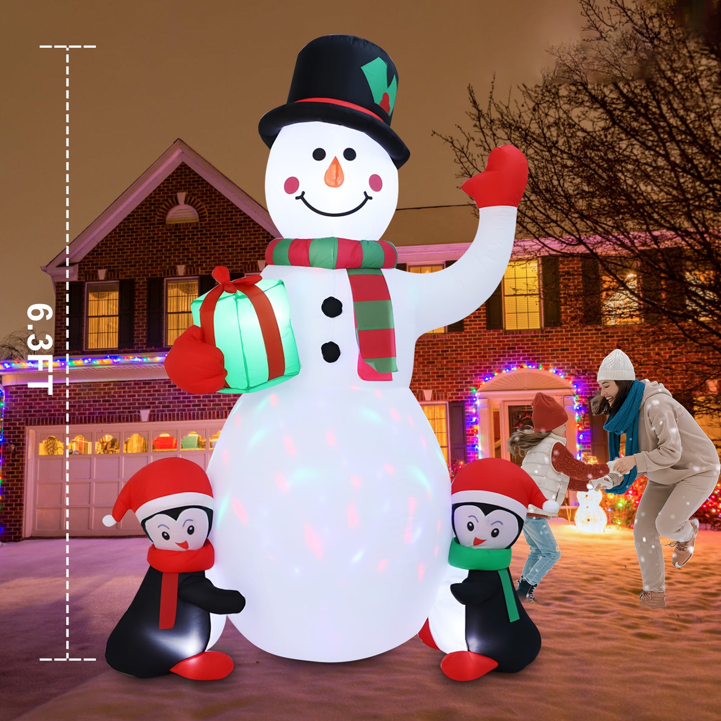 6.5FT Christmas Inflatable Snowman with Penguins Gift Box, Blowup Christmas Decoration with LED Lights for Holiday Party Xmas Yard Garden Decorations
