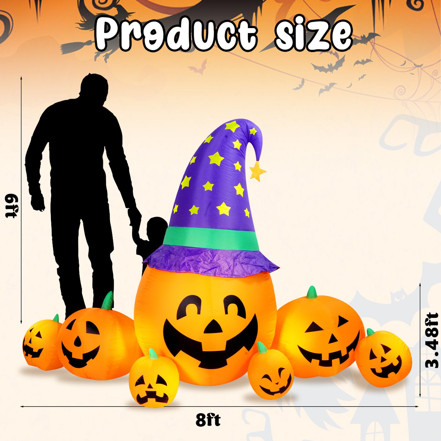 Halloween Inflatables Outdoor, 8FT Long Cute & Lighted Blow Up Decoration Pumpkin Family with Witch Hat, Large Halloween Inflatables Decorations with Lights for Yard, Holiday, Home