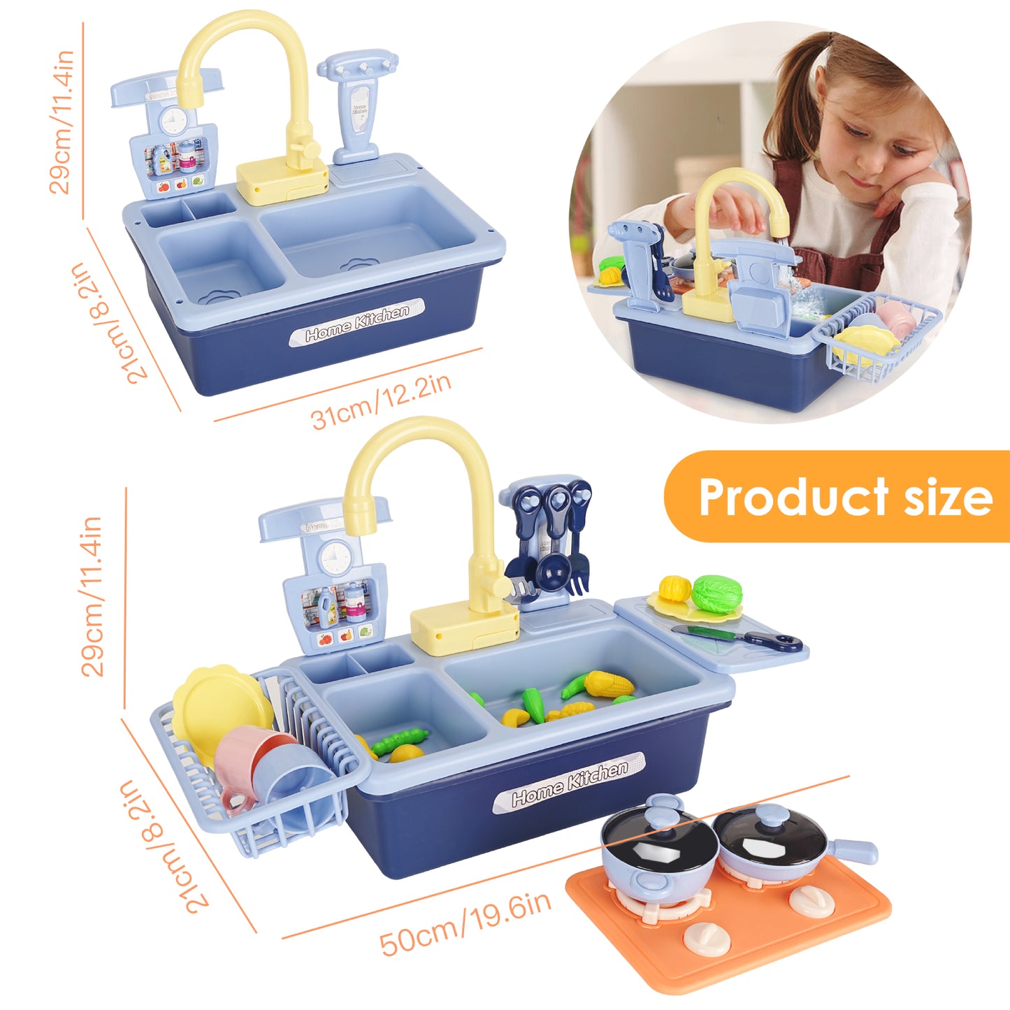 Working Play Sink with Running Water for Toddlers 1 2 3 4 Electric Kitchen Sink Playset with Play Cooking Stove, Pretend Food, 30pcs Accessories Toy Dishwasher