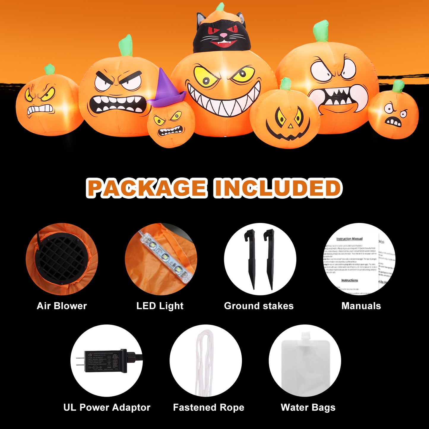Inflatable Decoration 7 FT Long Inflatable 7 Pumpkins Patch Lanterns with Black Cat w/ Build-in LEDs Blow Up Inflatables for Thanksgiving Party Outdoor Garden Lawn Yard