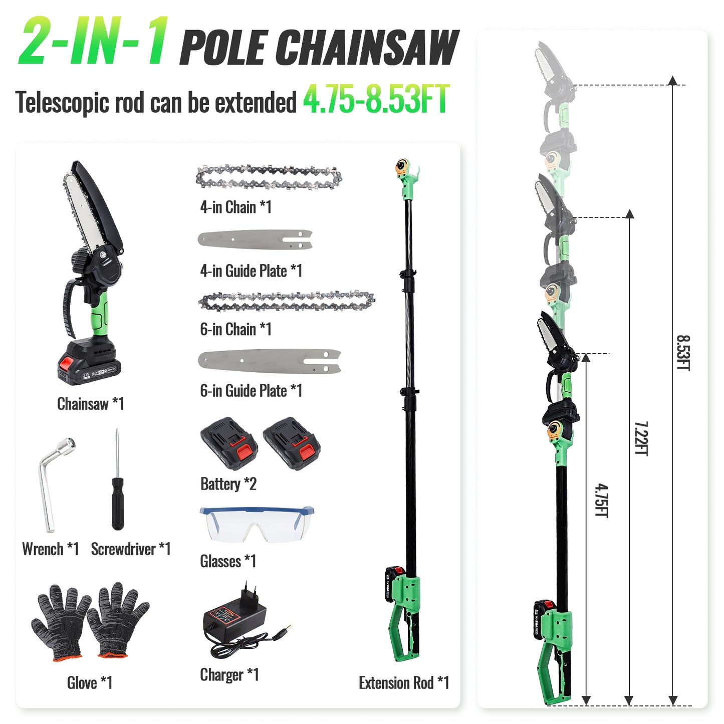 2-in-1 Cordless Pole Saw,6in + 4in Mini Chainsaw & Pole Saw with 2pcs 2.0A Batteries, 14.5ft Max Reach Brach Tree Saw Telescoping Extension Rod for Wood Tree Trimming Wood Cutting