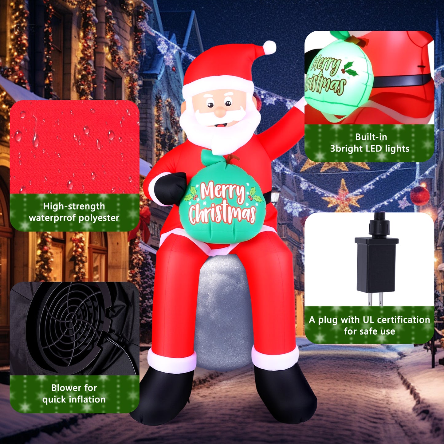 6 FT Christmas Inflatable Santa Claus with LED Lights, Blow Up Sitting Santa Claus with Gift Bag, Climbing Santa Carrying Present Sack Sitting On Roof, Xmas Yard Patio Bench Shrubs
