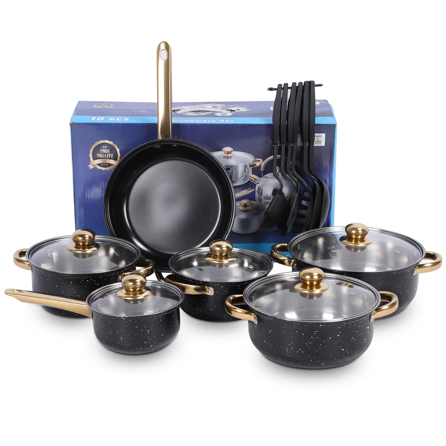 18 Piece Cookware Set, Kitchen Nonstick Pots and Pans Set with Glass Lid for Cooking, Induction & Dishwasher, Black