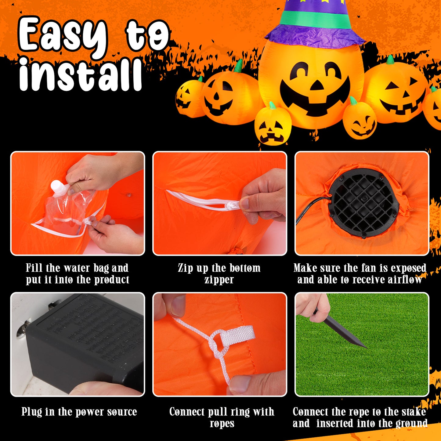 Halloween Inflatables Outdoor, 8FT Long Cute & Lighted Blow Up Decoration Pumpkin Family with Witch Hat, Large Halloween Inflatables Decorations with Lights for Yard, Holiday, Home
