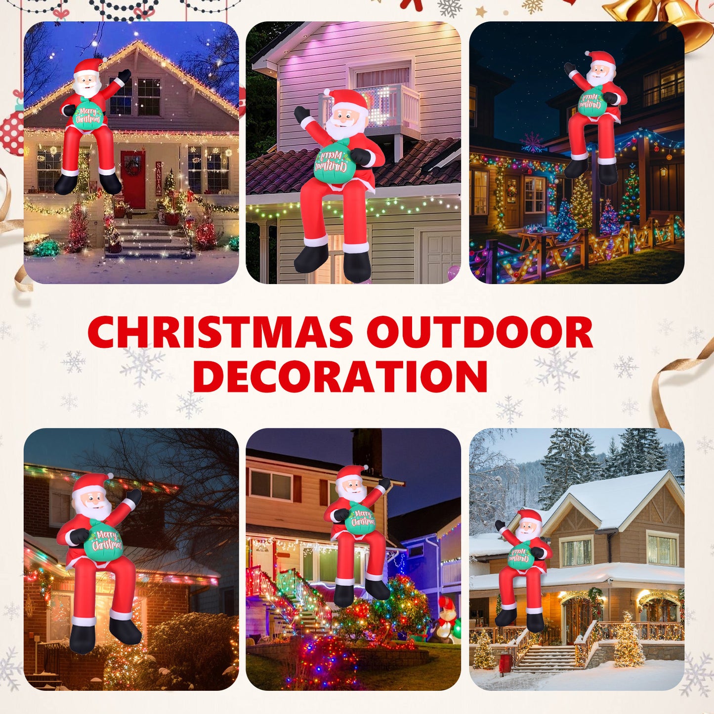 6 FT Christmas Inflatable Santa Claus with LED Lights, Blow Up Sitting Santa Claus with Gift Bag, Climbing Santa Carrying Present Sack Sitting On Roof, Xmas Yard Patio Bench Shrubs