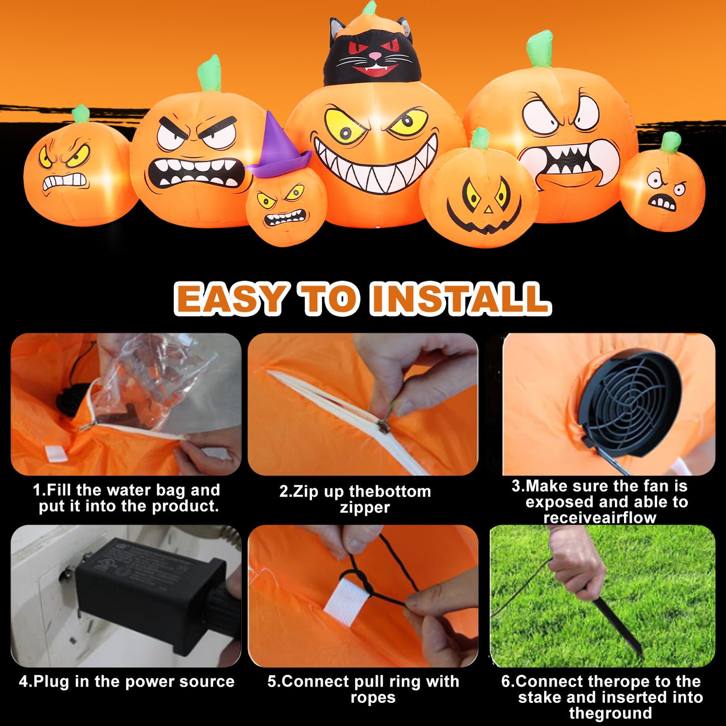 Inflatable Decoration 7 FT Long Inflatable 7 Pumpkins Patch Lanterns with Black Cat w/ Build-in LEDs Blow Up Inflatables for Thanksgiving Party Outdoor Garden Lawn Yard