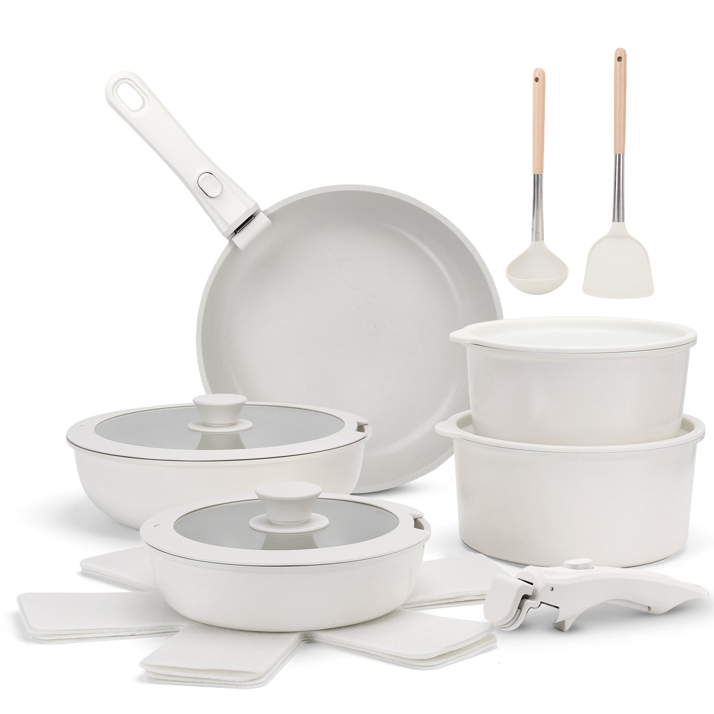 17-Piece Ceramic Pots and Pans Set Non Stick, Cookware Set with Detachable Handle, Oven Safe, Induction Ready, Stackable RV Kitchen Cooking Set Removable Handles