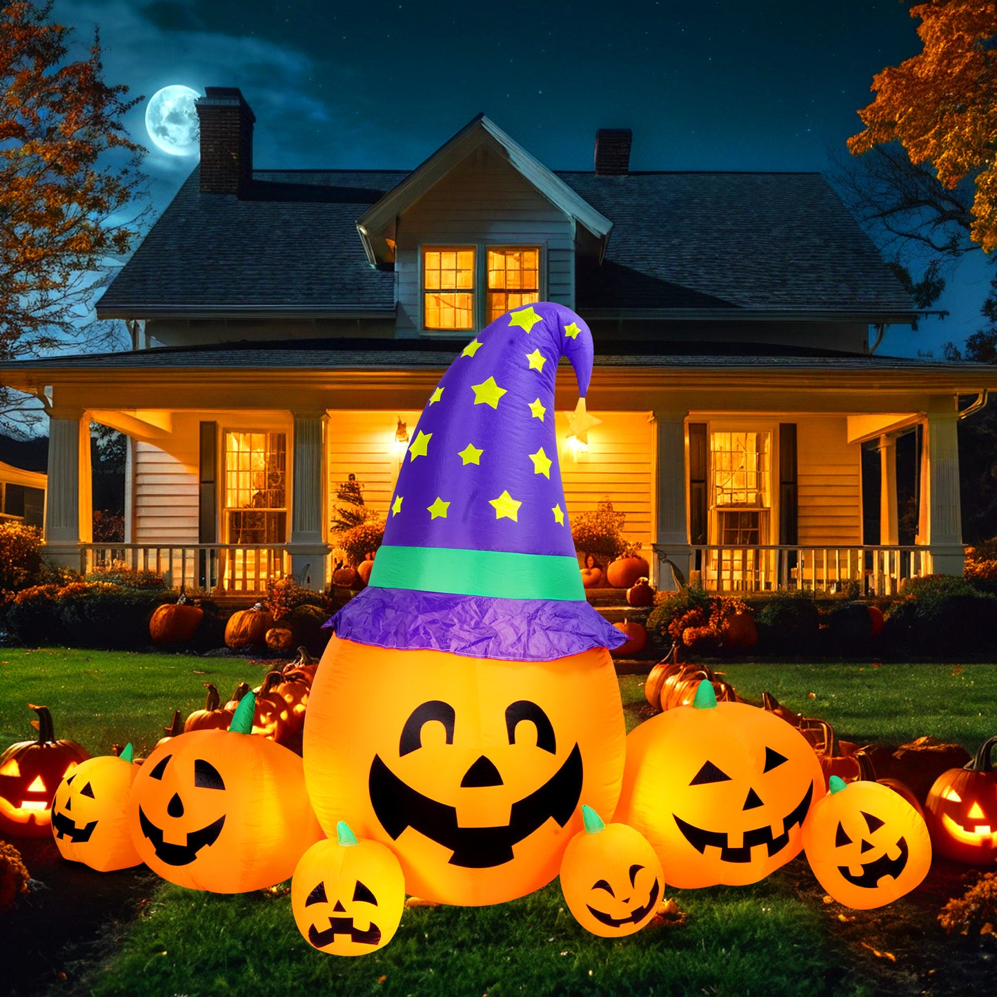 Halloween Inflatables Outdoor, 8FT Long Cute & Lighted Blow Up Decoration Pumpkin Family with Witch Hat, Large Halloween Inflatables Decorations with Lights for Yard, Holiday, Home