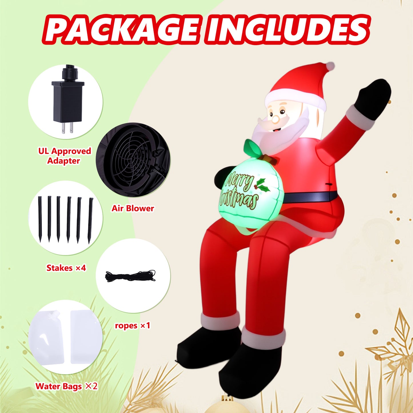6 FT Christmas Inflatable Santa Claus with LED Lights, Blow Up Sitting Santa Claus with Gift Bag, Climbing Santa Carrying Present Sack Sitting On Roof, Xmas Yard Patio Bench Shrubs