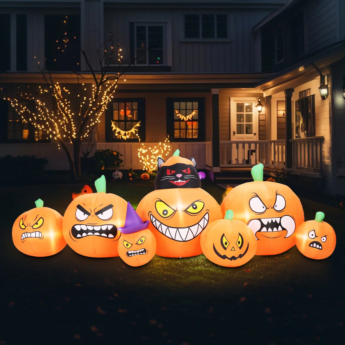 Inflatable Decoration 7 FT Long Inflatable 7 Pumpkins Patch Lanterns with Black Cat w/ Build-in LEDs Blow Up Inflatables for Thanksgiving Party Outdoor Garden Lawn Yard