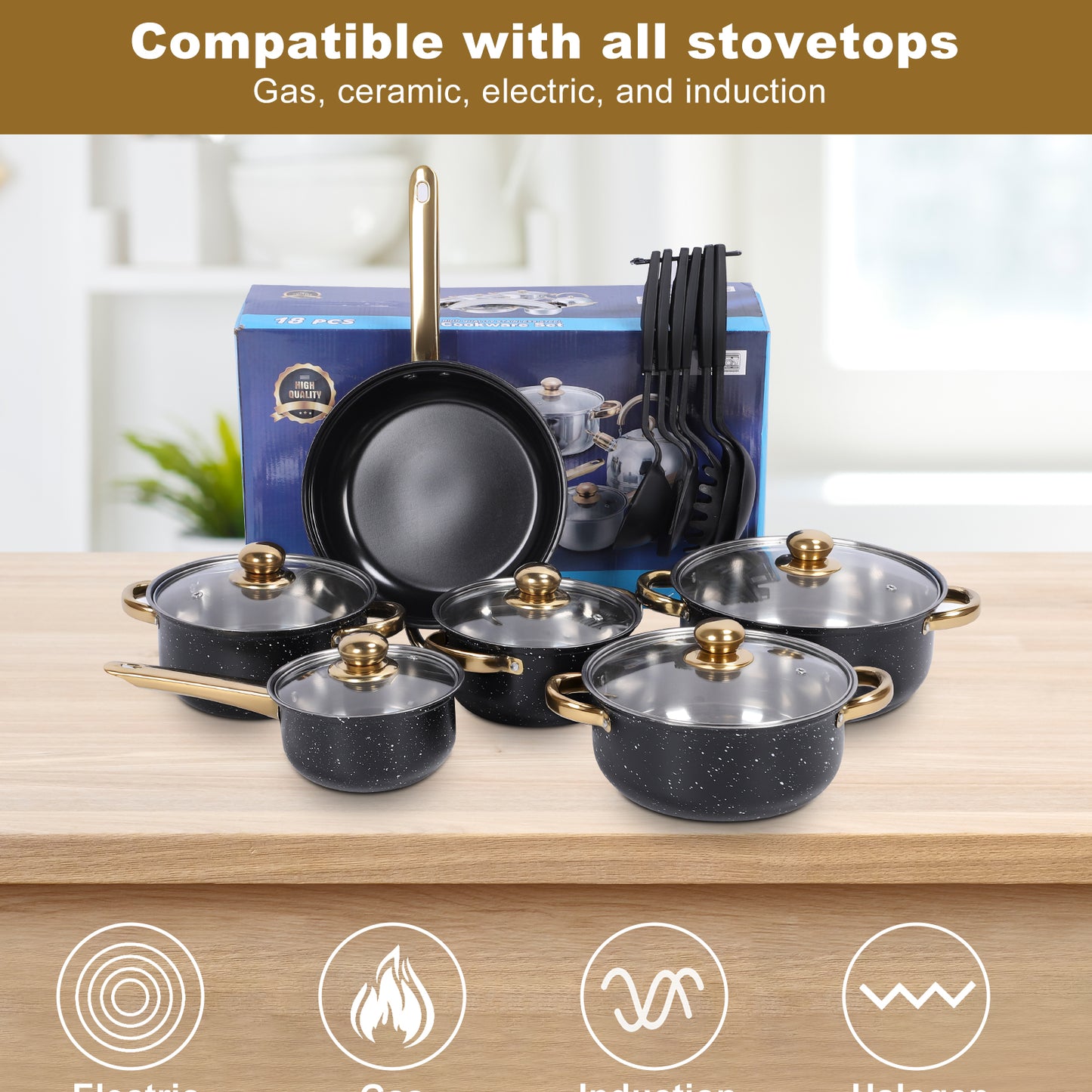 18 Piece Cookware Set, Kitchen Nonstick Pots and Pans Set with Glass Lid for Cooking, Induction & Dishwasher, Black