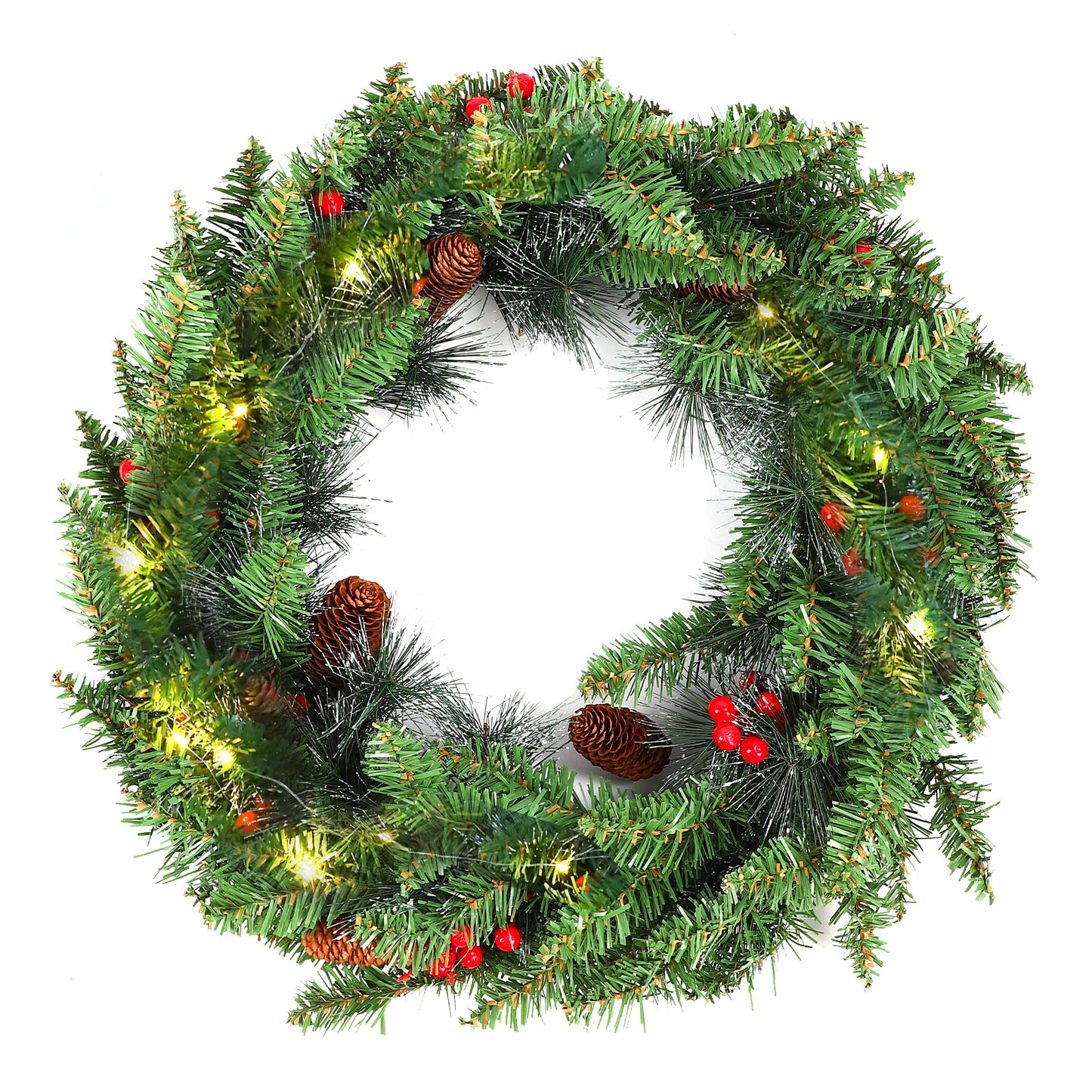 24 Inch Pre-Lit Artificial Christmas Wreath, Green, Crestwood Spruce, White Lights, Decorated with Pine Cones, Berry Clusters, Frosted Branches, Christmas Collection