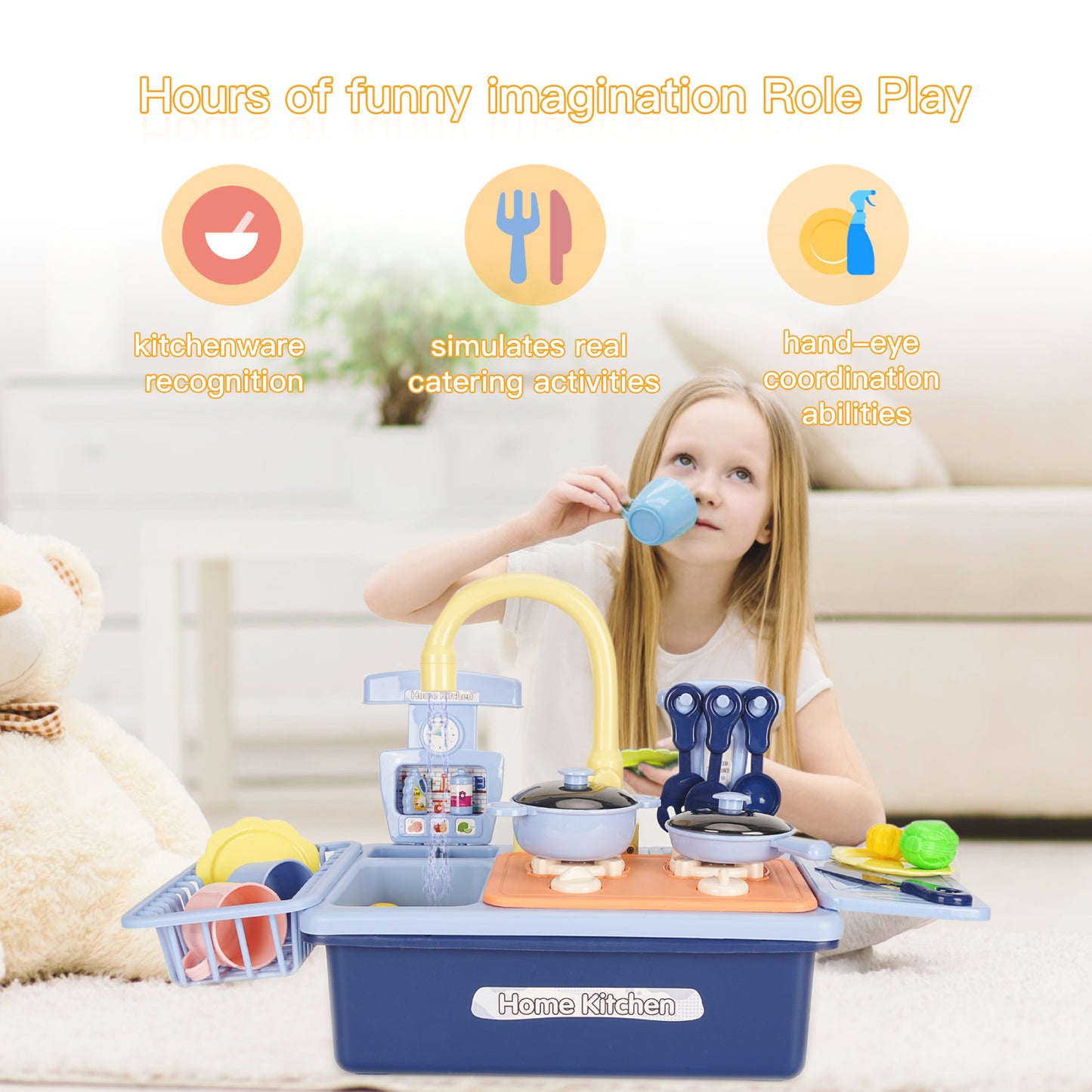 Working Play Sink with Running Water for Toddlers 1 2 3 4 Electric Kitchen Sink Playset with Play Cooking Stove, Pretend Food, 30pcs Accessories Toy Dishwasher