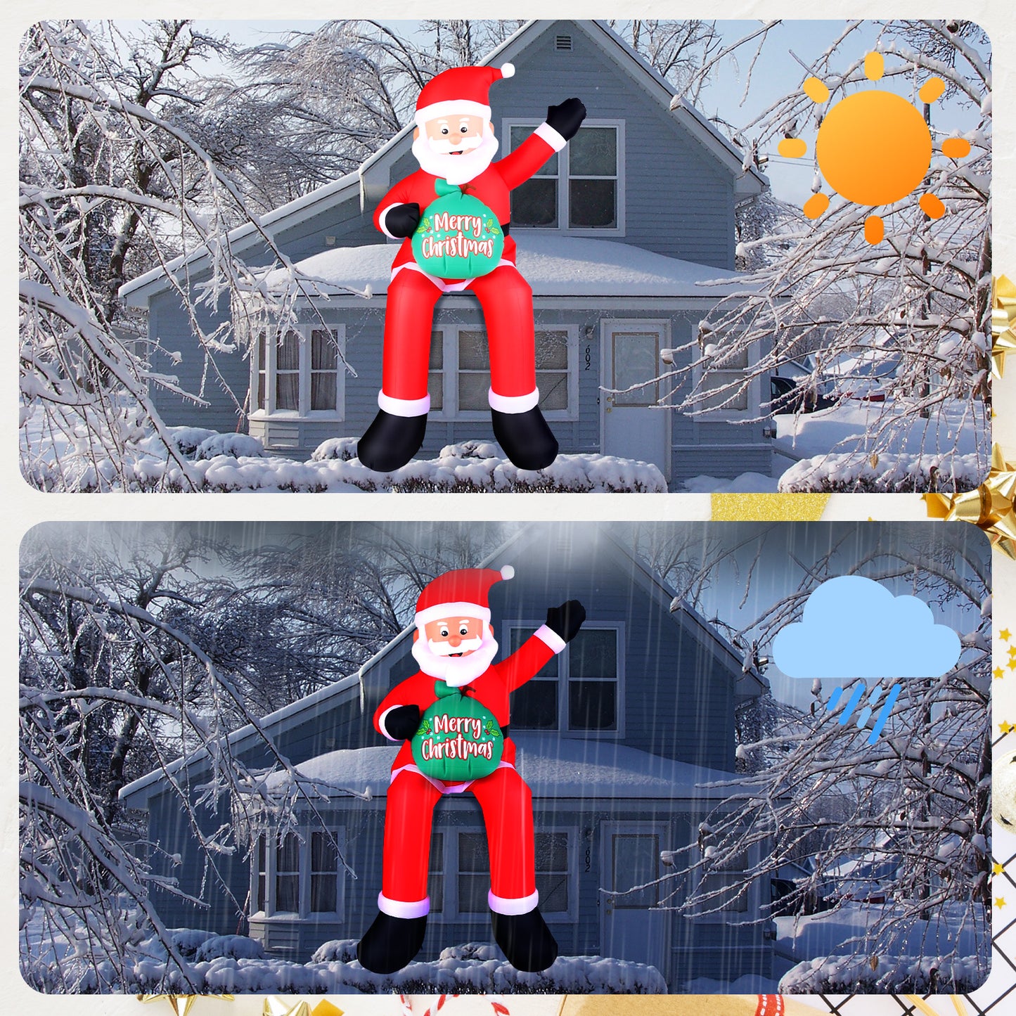 6 FT Christmas Inflatable Santa Claus with LED Lights, Blow Up Sitting Santa Claus with Gift Bag, Climbing Santa Carrying Present Sack Sitting On Roof, Xmas Yard Patio Bench Shrubs