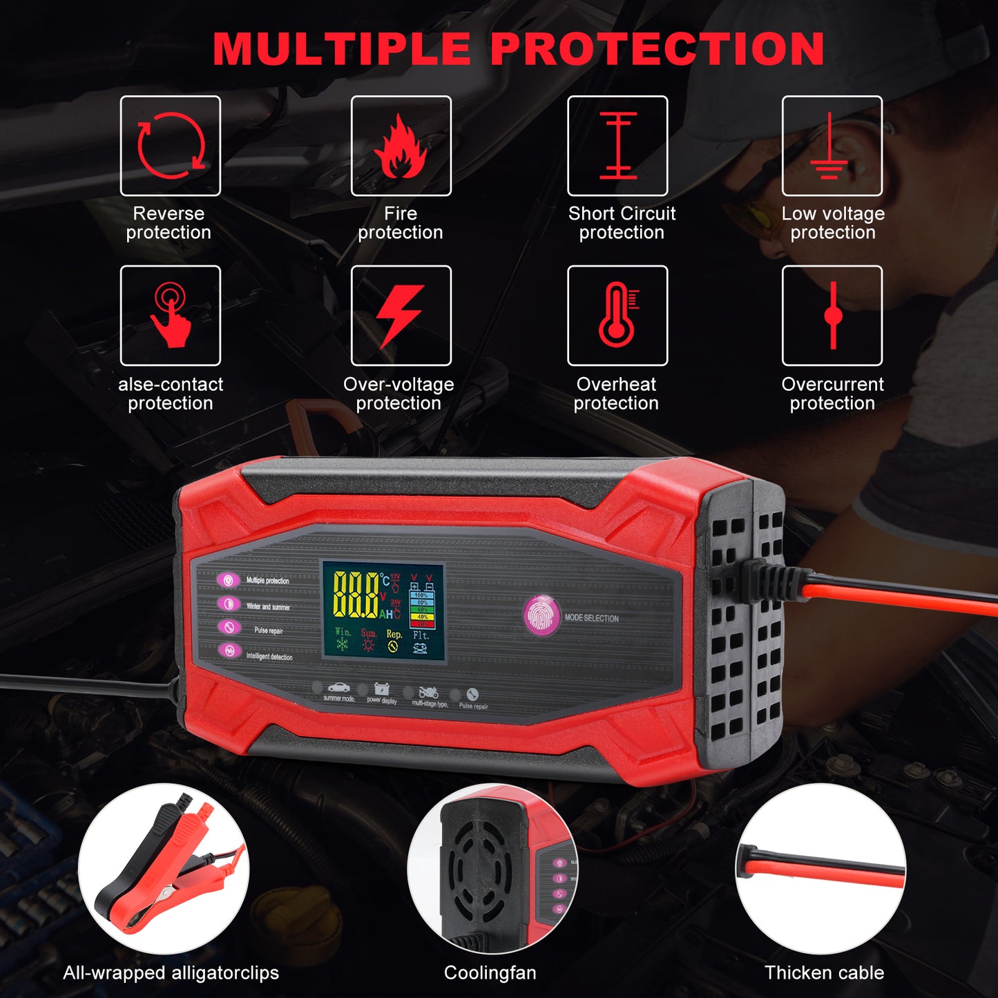 Car Battery Charger, 10Amp 12V 24V Automatic Smart Charger, Battery Maintainer Trickle Charger and Battery Desulfator W/ Temperature Compensation for Car Truck Motorcycle Lawn Mower Lead Acid Battery