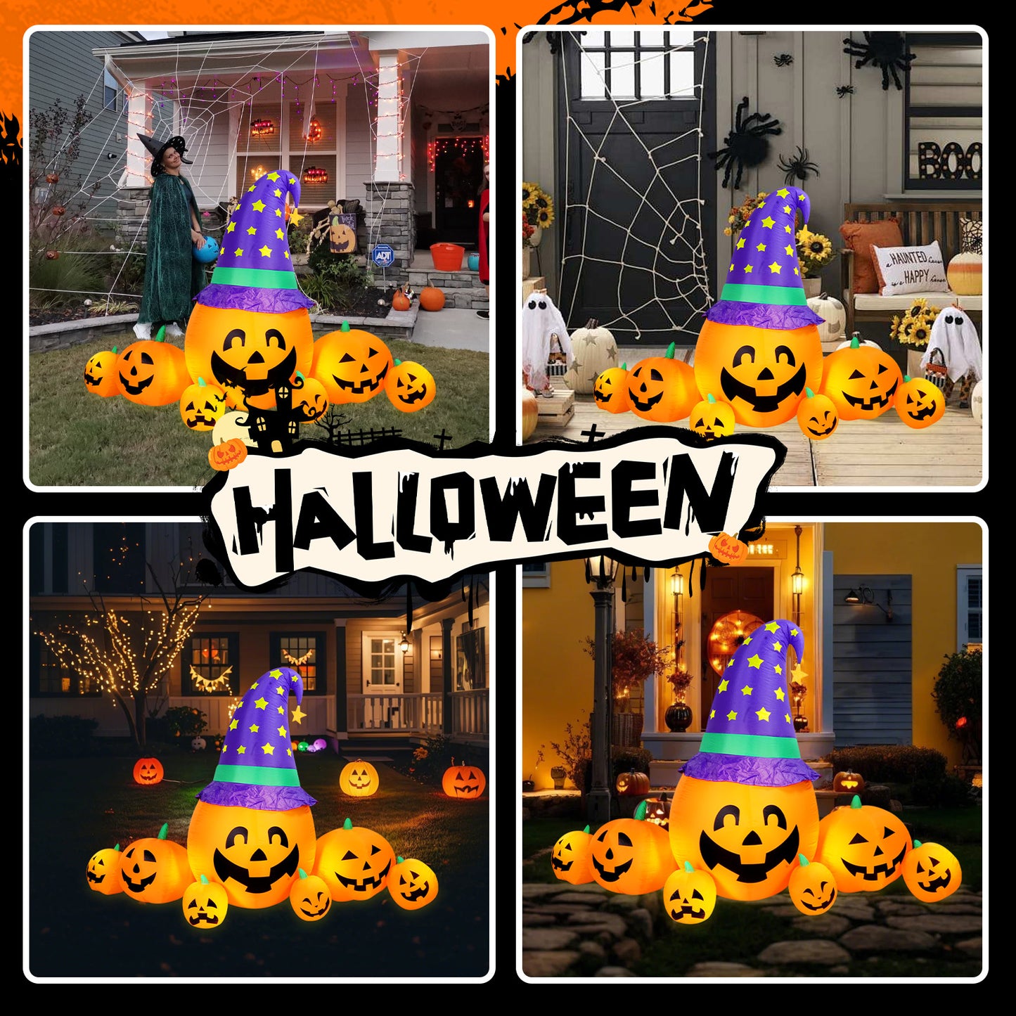 Halloween Inflatables Outdoor, 8FT Long Cute & Lighted Blow Up Decoration Pumpkin Family with Witch Hat, Large Halloween Inflatables Decorations with Lights for Yard, Holiday, Home