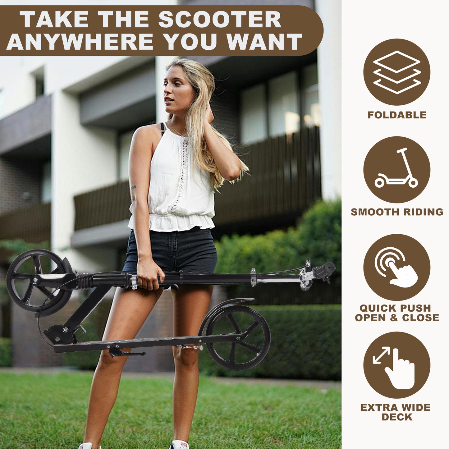 Stand Kick Scooter Kick Scooter For Teens Adults Height Adjustable Shock Absorption Foldable 2 Wheel Kick Scooter With Dual Brake For Outdoor Commuting