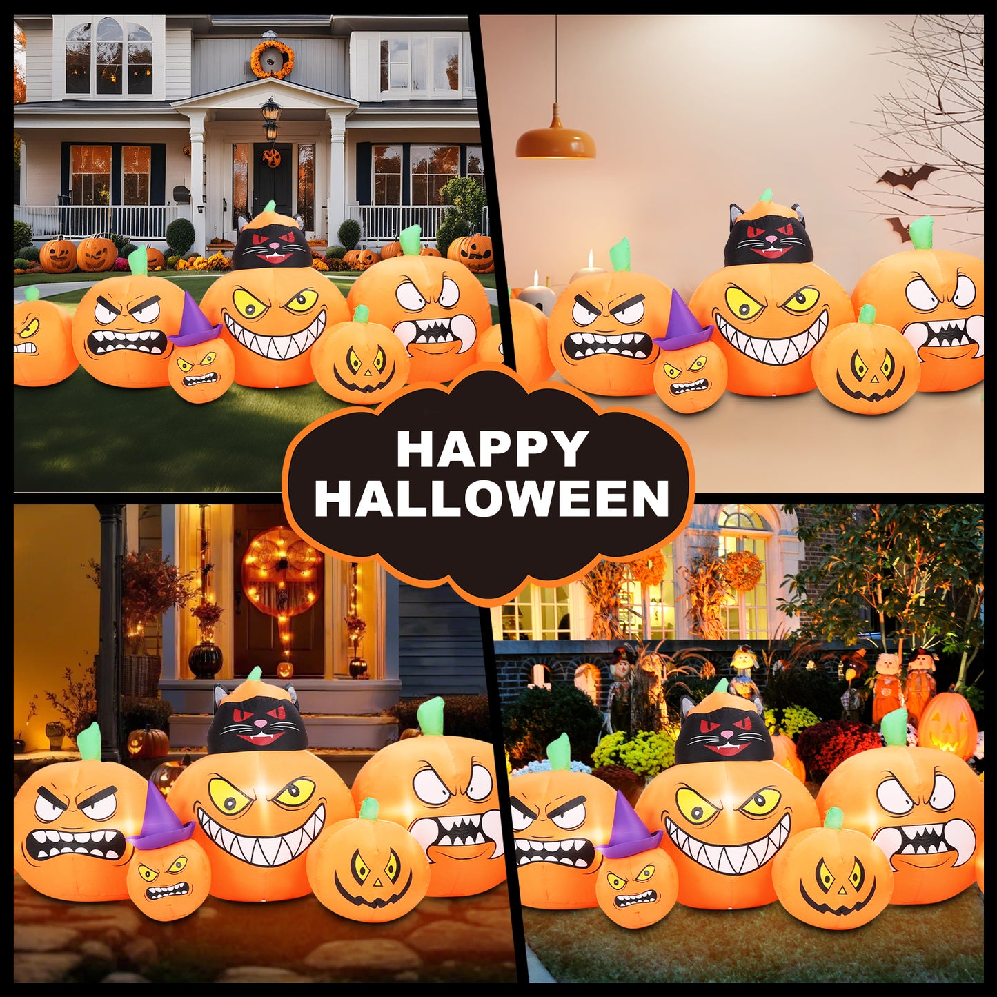 Inflatable Decoration 7 FT Long Inflatable 7 Pumpkins Patch Lanterns with Black Cat w/ Build-in LEDs Blow Up Inflatables for Thanksgiving Party Outdoor Garden Lawn Yard