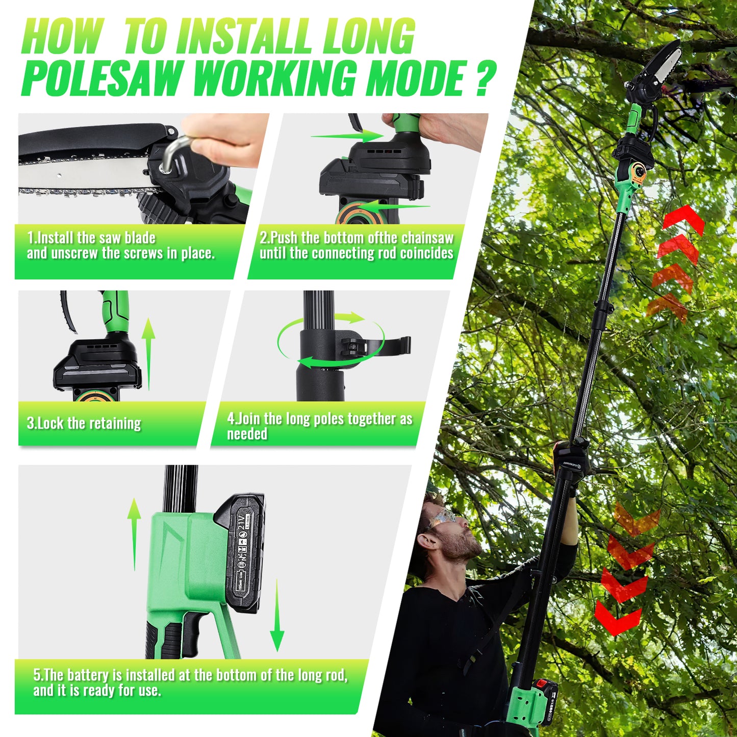 2-in-1 Cordless Pole Saw,6in + 4in Mini Chainsaw & Pole Saw with 2pcs 2.0A Batteries, 14.5ft Max Reach Brach Tree Saw Telescoping Extension Rod for Wood Tree Trimming Wood Cutting