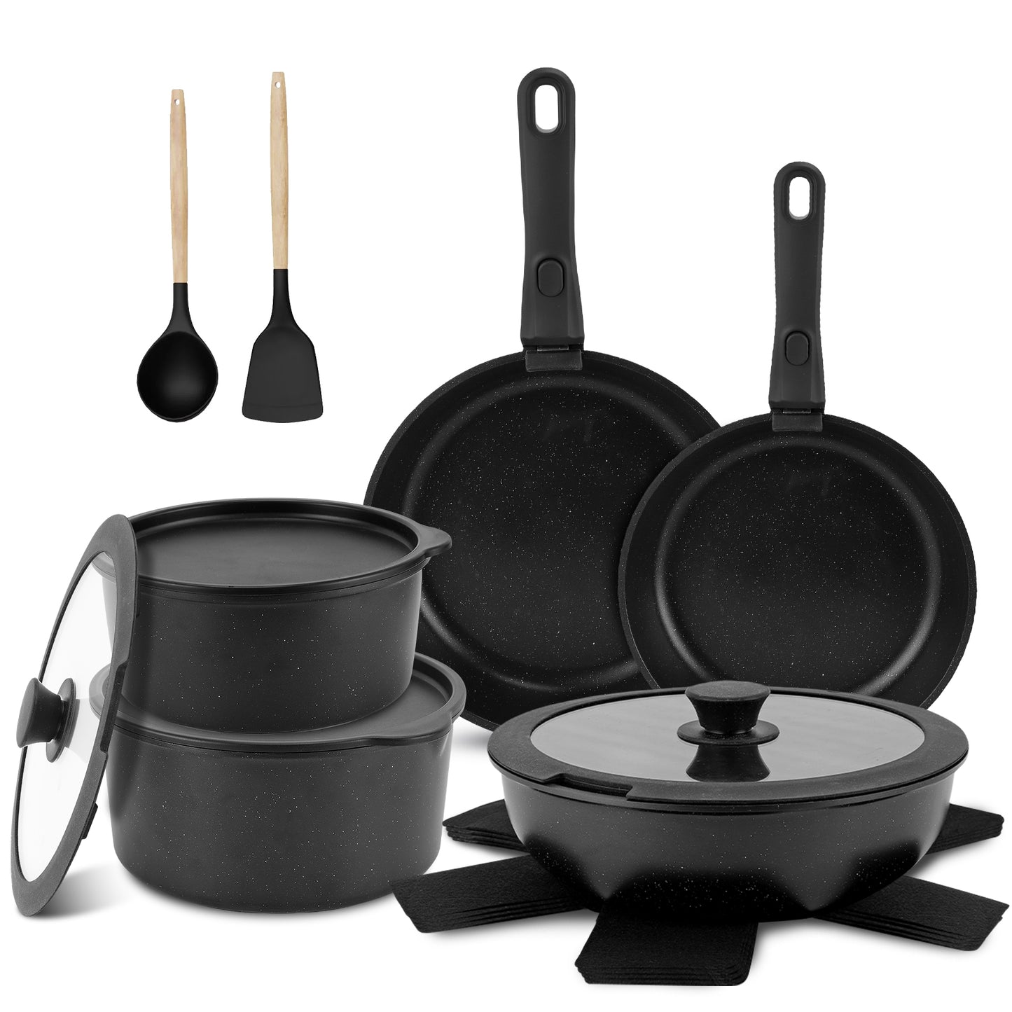 17-Piece Pots and Pans Set, Nonstick Cookware Set with Detachable Handles, Oven & Dishwasher Safe, Induction Compatible, Stackable RV Kitchen Cooking Set, Black